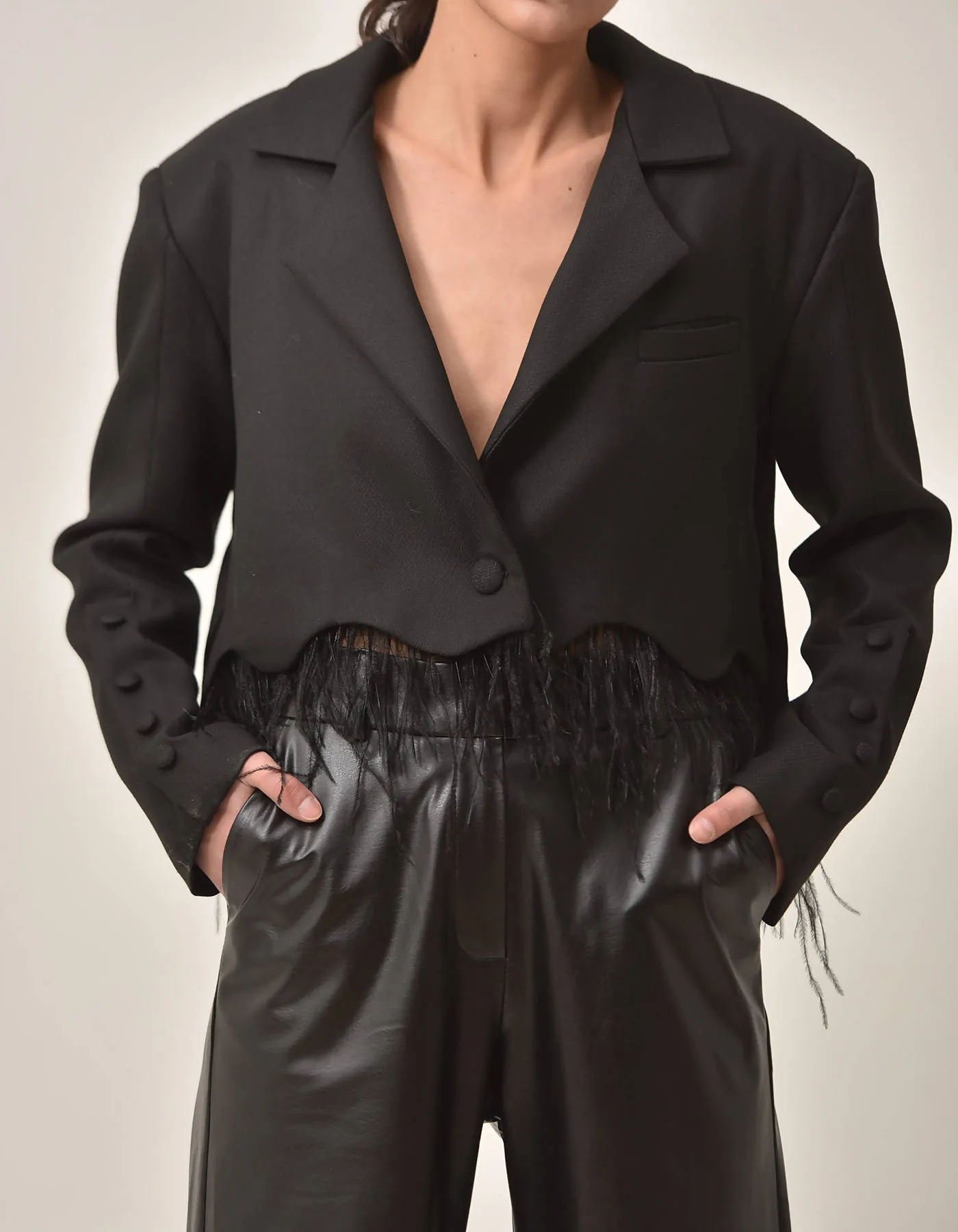 Cropped Blazer with Feather Fringes