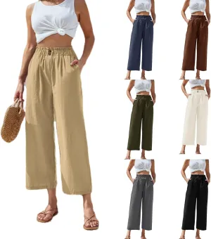Cropped Wide Leg Linen Pants for Women Paperbag High Waisted Palazzo Pants Button Down Beach Trousers with Pockets