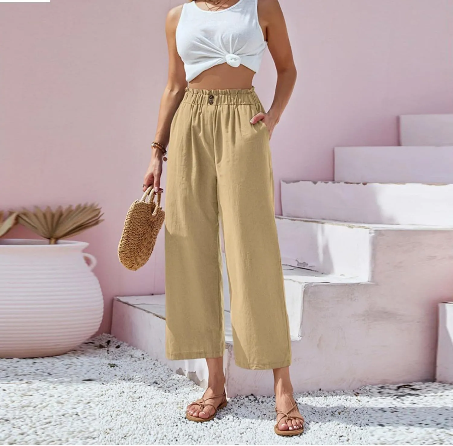 Cropped Wide Leg Linen Pants for Women Paperbag High Waisted Palazzo Pants Button Down Beach Trousers with Pockets
