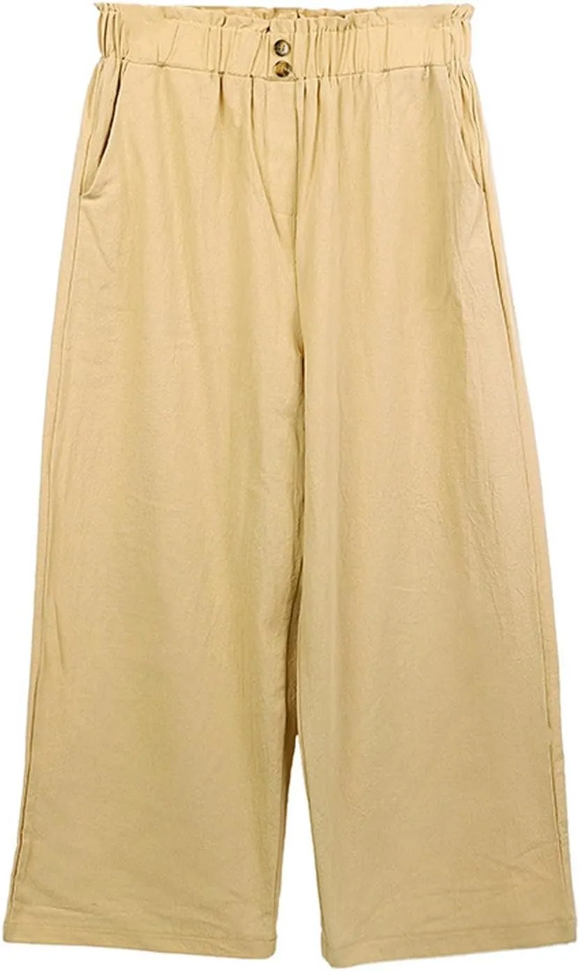 Cropped Wide Leg Linen Pants for Women Paperbag High Waisted Palazzo Pants Button Down Beach Trousers with Pockets