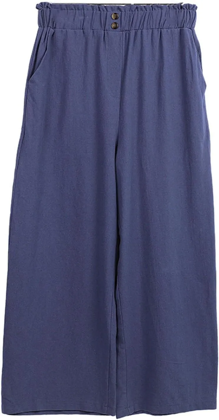 Cropped Wide Leg Linen Pants for Women Paperbag High Waisted Palazzo Pants Button Down Beach Trousers with Pockets