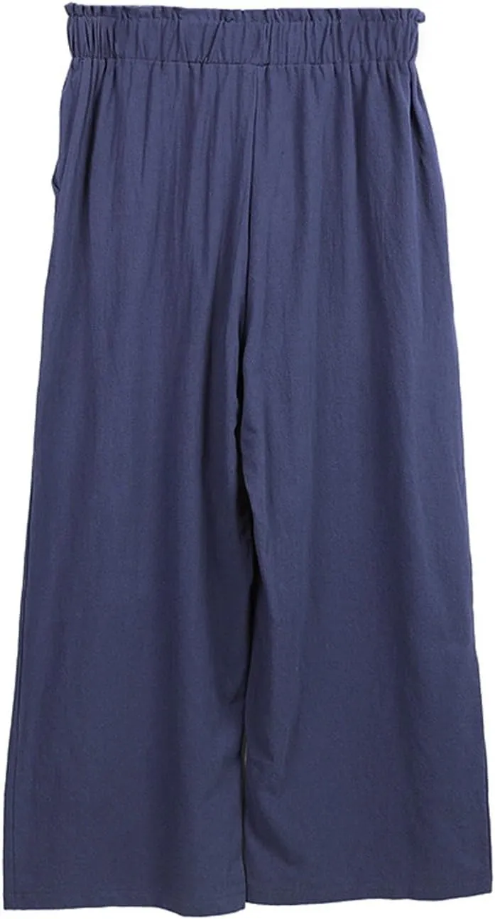 Cropped Wide Leg Linen Pants for Women Paperbag High Waisted Palazzo Pants Button Down Beach Trousers with Pockets
