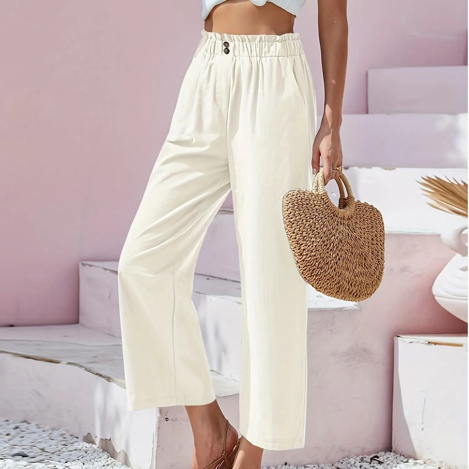Cropped Wide Leg Linen Pants for Women Paperbag High Waisted Palazzo Pants Button Down Beach Trousers with Pockets