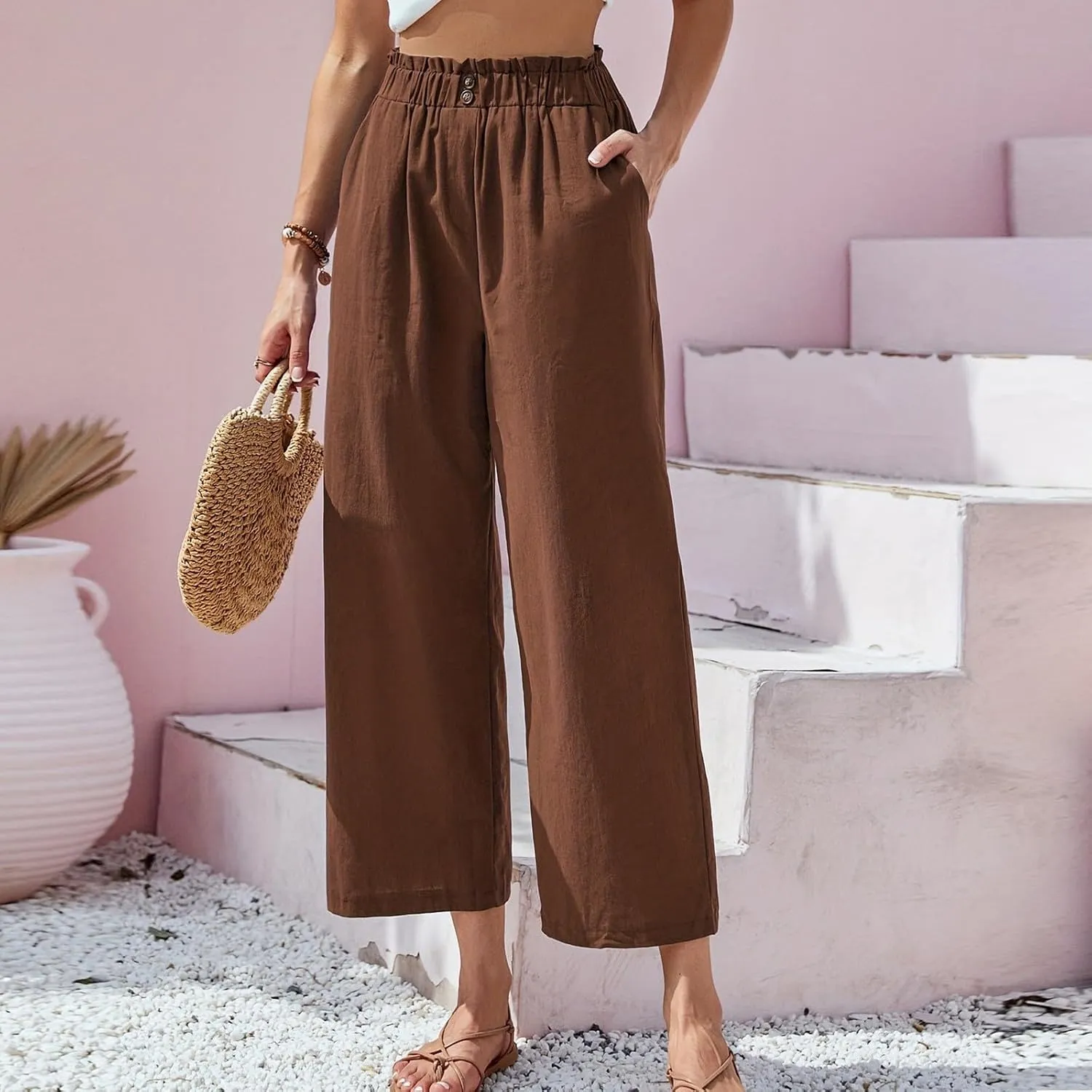 Cropped Wide Leg Linen Pants for Women Paperbag High Waisted Palazzo Pants Button Down Beach Trousers with Pockets