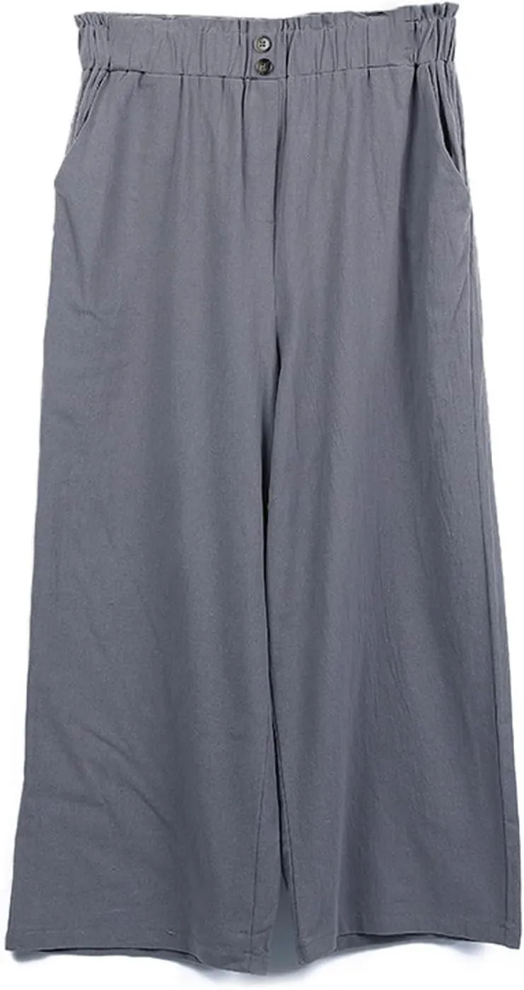 Cropped Wide Leg Linen Pants for Women Paperbag High Waisted Palazzo Pants Button Down Beach Trousers with Pockets