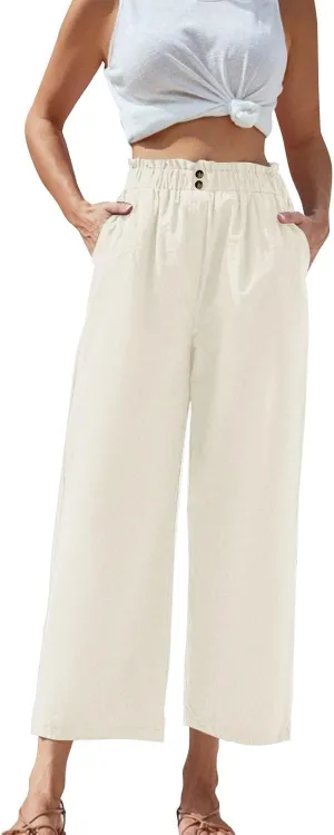 Cropped Wide Leg Linen Pants for Women Paperbag High Waisted Palazzo Pants Button Down Beach Trousers with Pockets