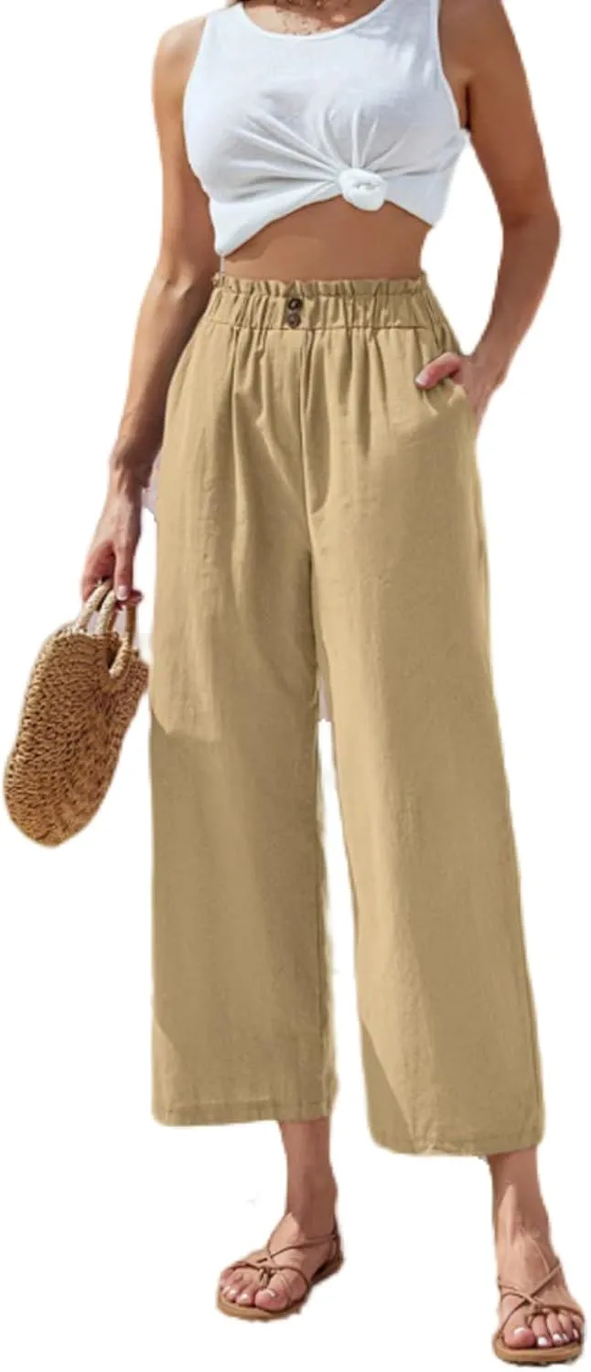 Cropped Wide Leg Linen Pants for Women Paperbag High Waisted Palazzo Pants Button Down Beach Trousers with Pockets