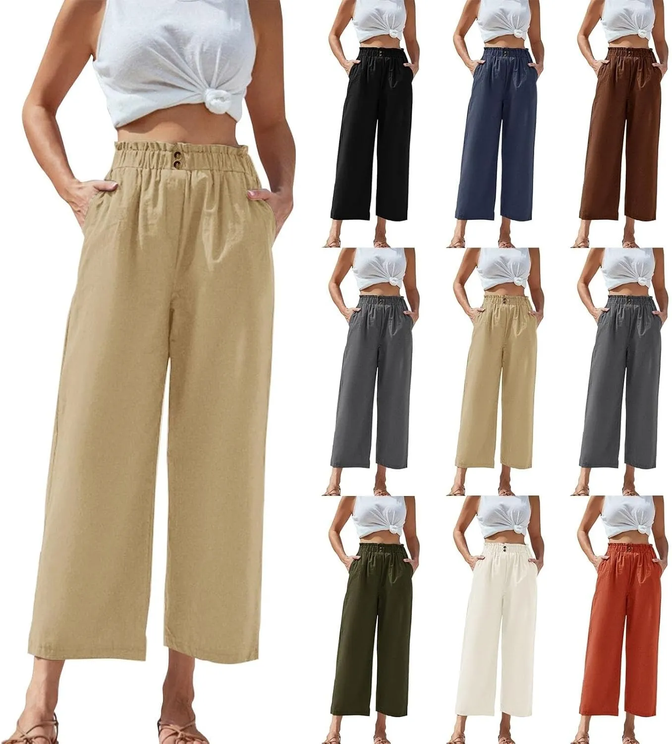 Cropped Wide Leg Linen Pants for Women Paperbag High Waisted Palazzo Pants Button Down Beach Trousers with Pockets
