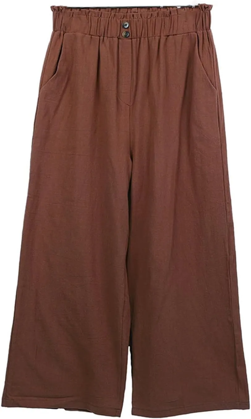 Cropped Wide Leg Linen Pants for Women Paperbag High Waisted Palazzo Pants Button Down Beach Trousers with Pockets