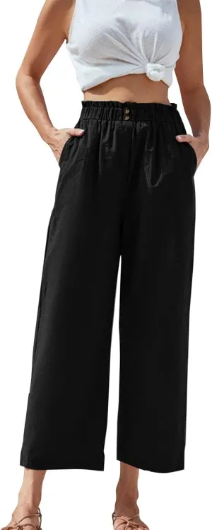 Cropped Wide Leg Linen Pants for Women Paperbag High Waisted Palazzo Pants Button Down Beach Trousers with Pockets