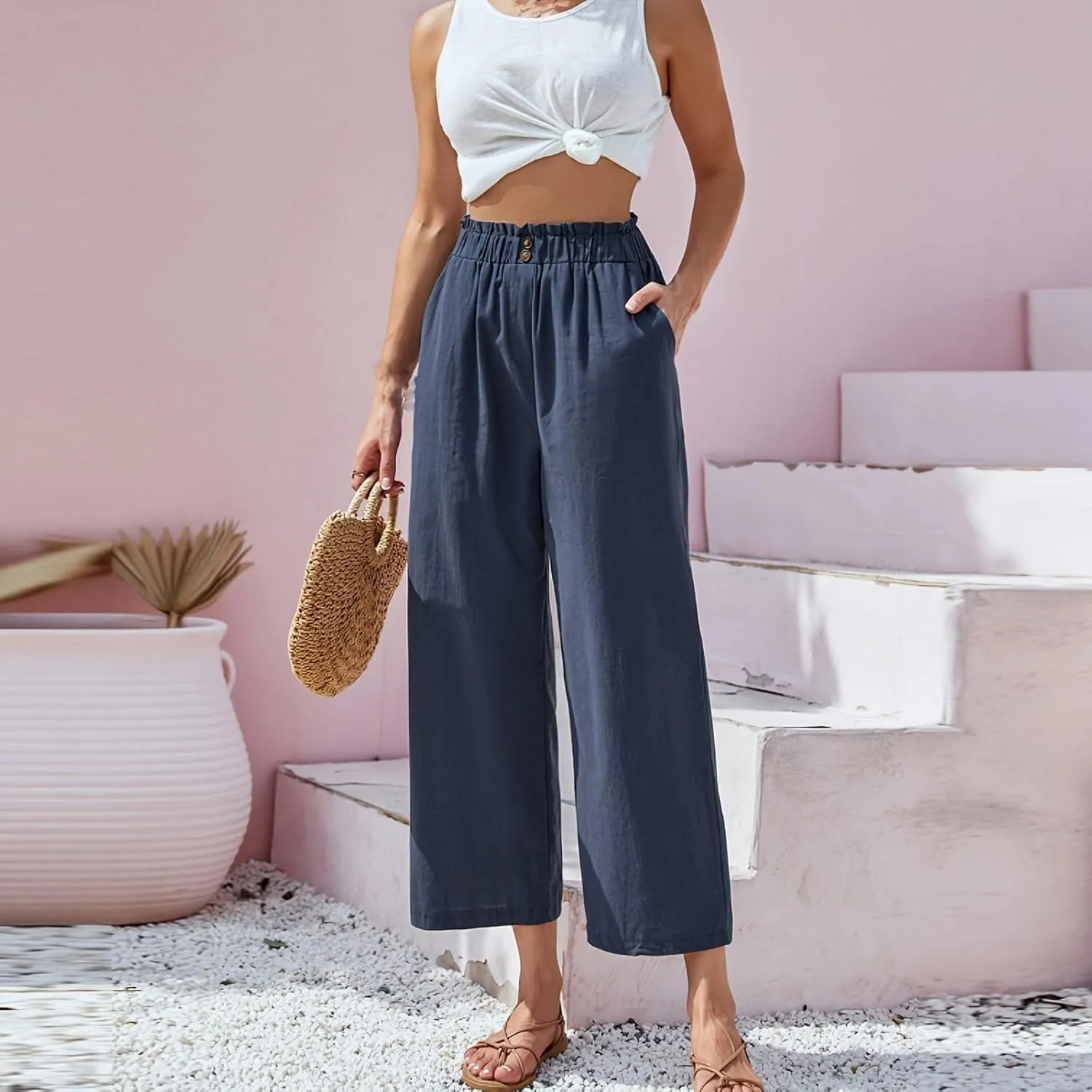 Cropped Wide Leg Linen Pants for Women Paperbag High Waisted Palazzo Pants Button Down Beach Trousers with Pockets