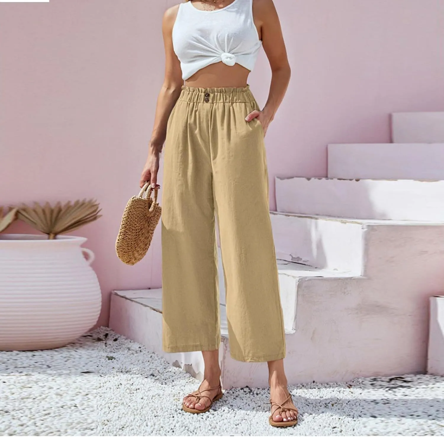Cropped Wide Leg Linen Pants for Women Paperbag High Waisted Palazzo Pants Button Down Beach Trousers with Pockets