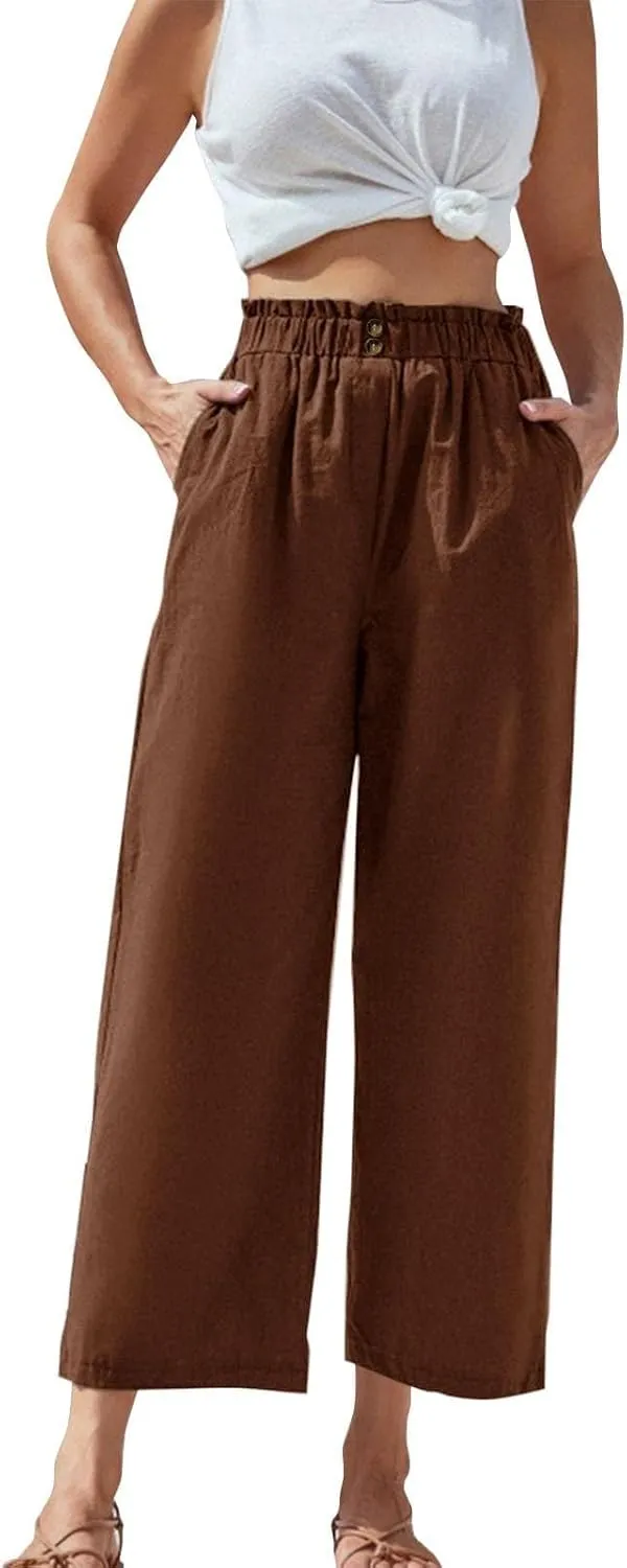 Cropped Wide Leg Linen Pants for Women Paperbag High Waisted Palazzo Pants Button Down Beach Trousers with Pockets