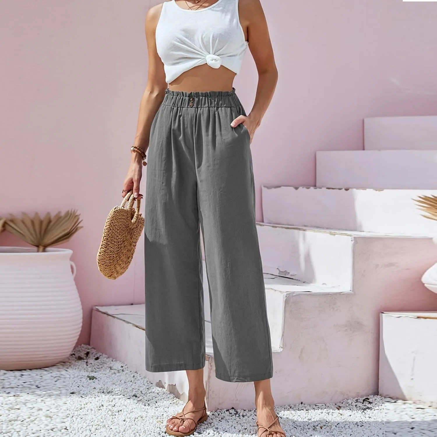 Cropped Wide Leg Linen Pants for Women Paperbag High Waisted Palazzo Pants Button Down Beach Trousers with Pockets