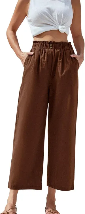 Cropped Wide Leg Linen Pants for Women Paperbag High Waisted Palazzo Pants Button Down Beach Trousers with Pockets