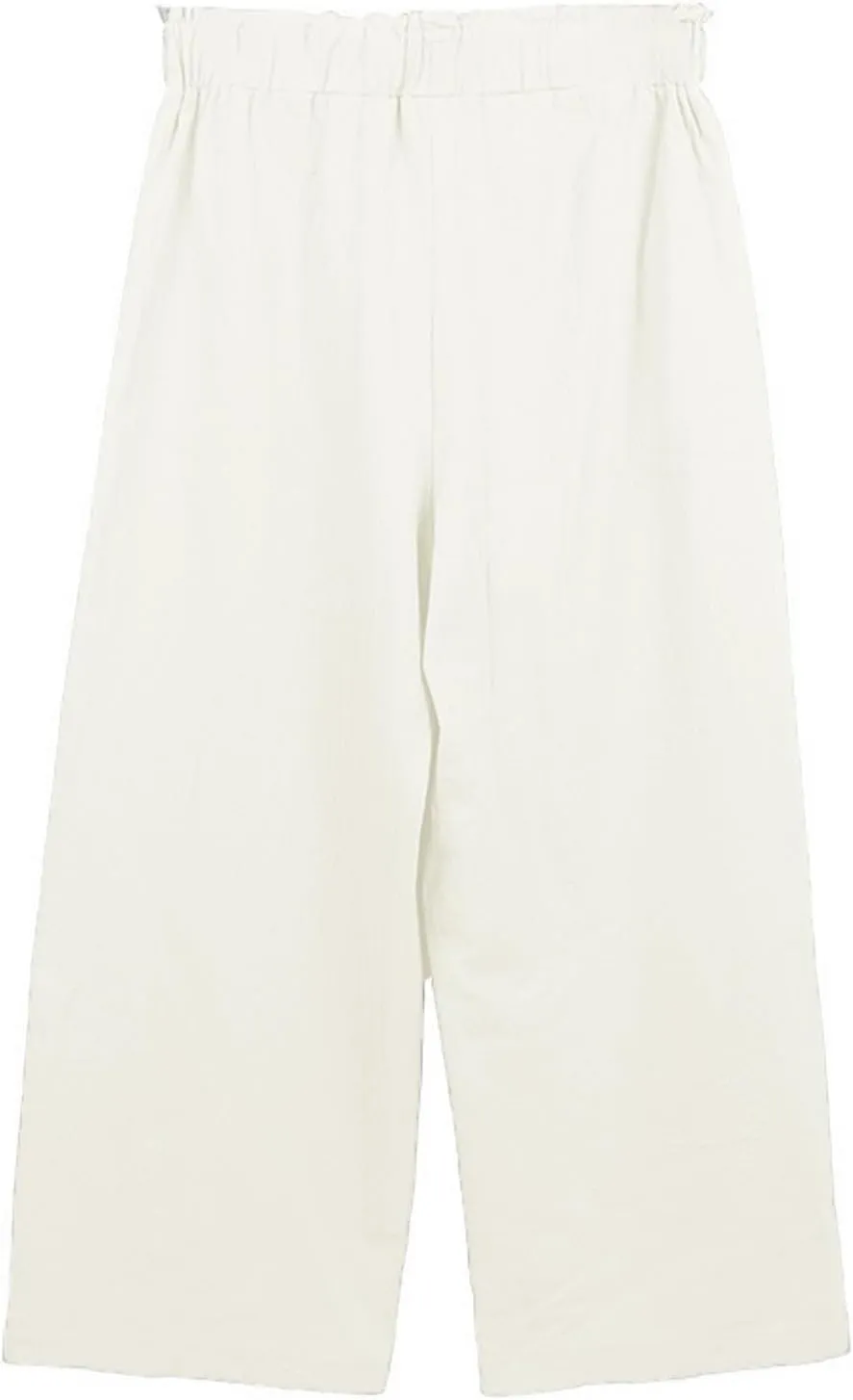 Cropped Wide Leg Linen Pants for Women Paperbag High Waisted Palazzo Pants Button Down Beach Trousers with Pockets