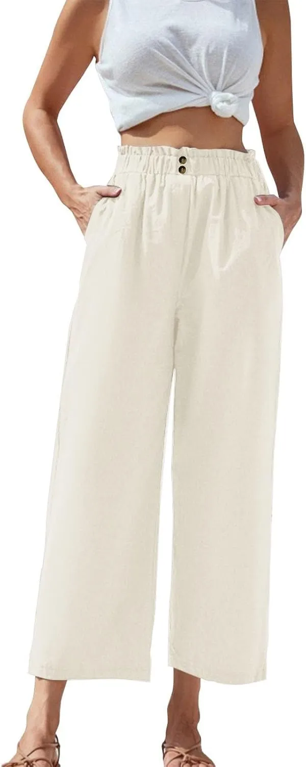 Cropped Wide Leg Linen Pants for Women Paperbag High Waisted Palazzo Pants Button Down Beach Trousers with Pockets