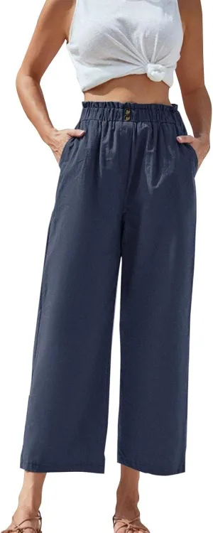Cropped Wide Leg Linen Pants for Women Paperbag High Waisted Palazzo Pants Button Down Beach Trousers with Pockets