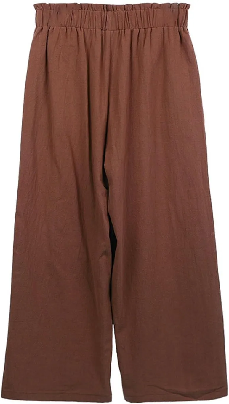 Cropped Wide Leg Linen Pants for Women Paperbag High Waisted Palazzo Pants Button Down Beach Trousers with Pockets