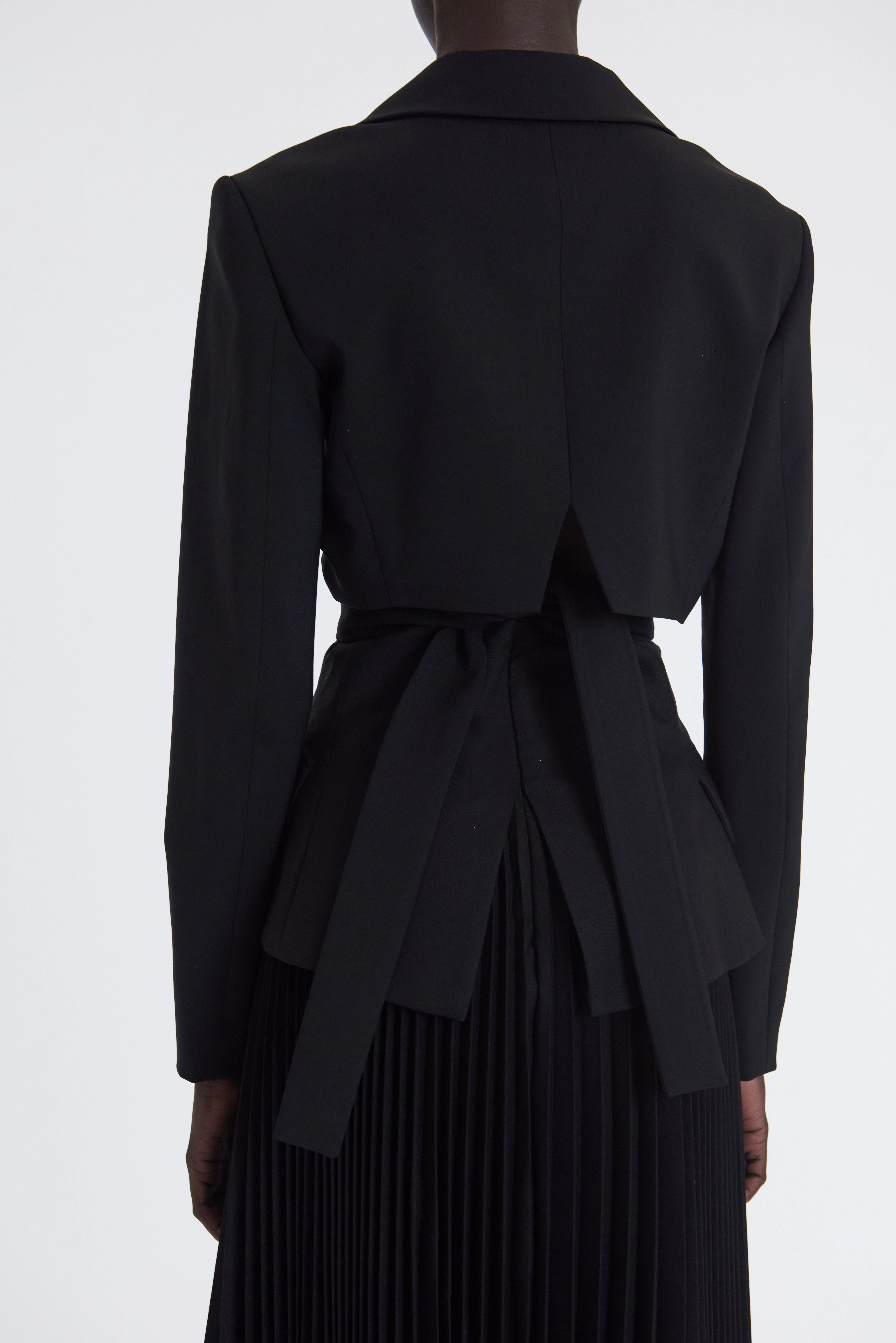 Bonded Collars Microfiber Blend Cropped Wrap Around Jacket With Ties Black
