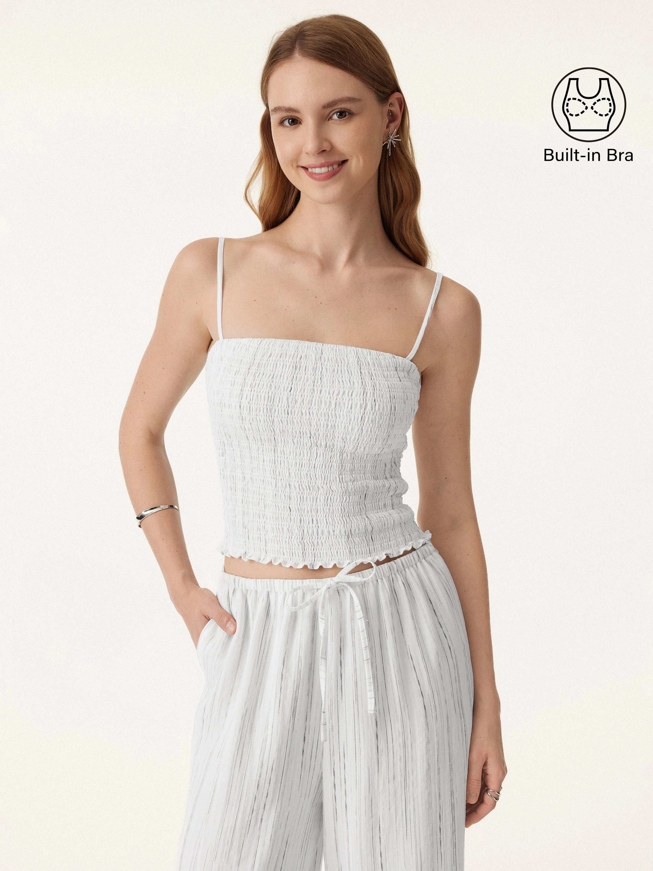 Striped Smocked Adjustable Spaghetti Brami ReinforcedShoulderConstruction OdorControl