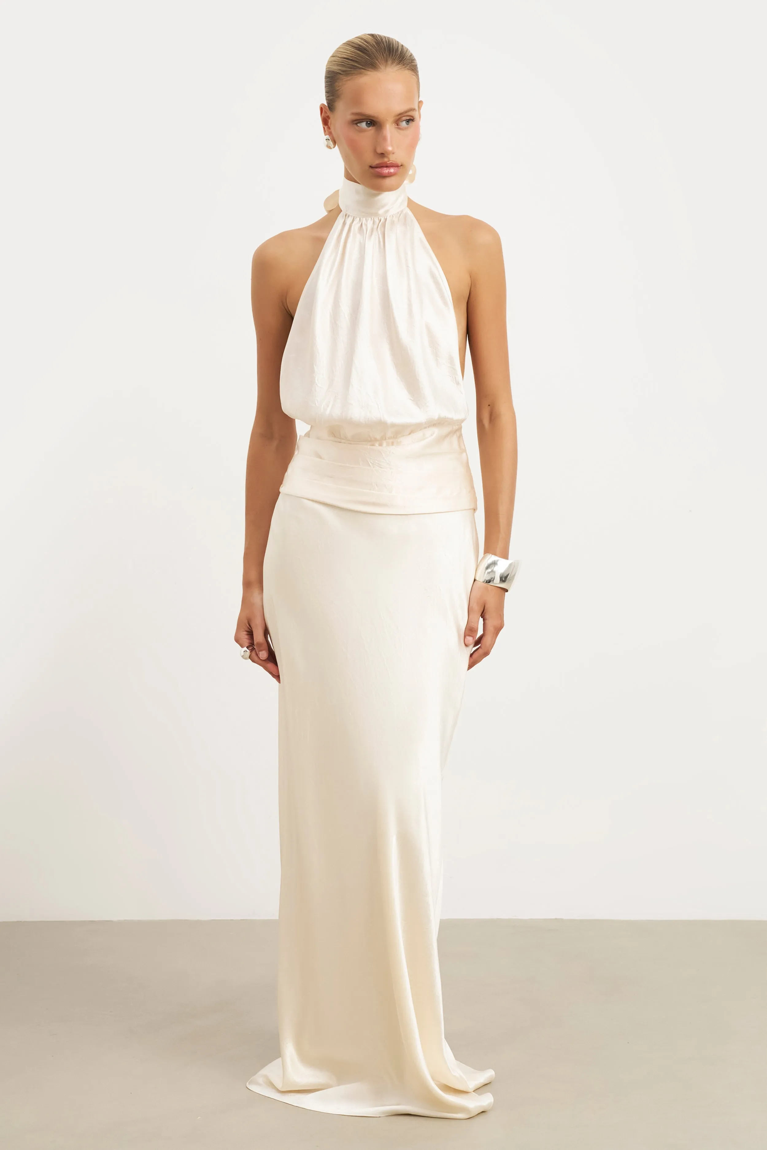 Crushed Satin Backless Halterneck Top - Champagne Minimalist Design Multipurpose Layering Piece