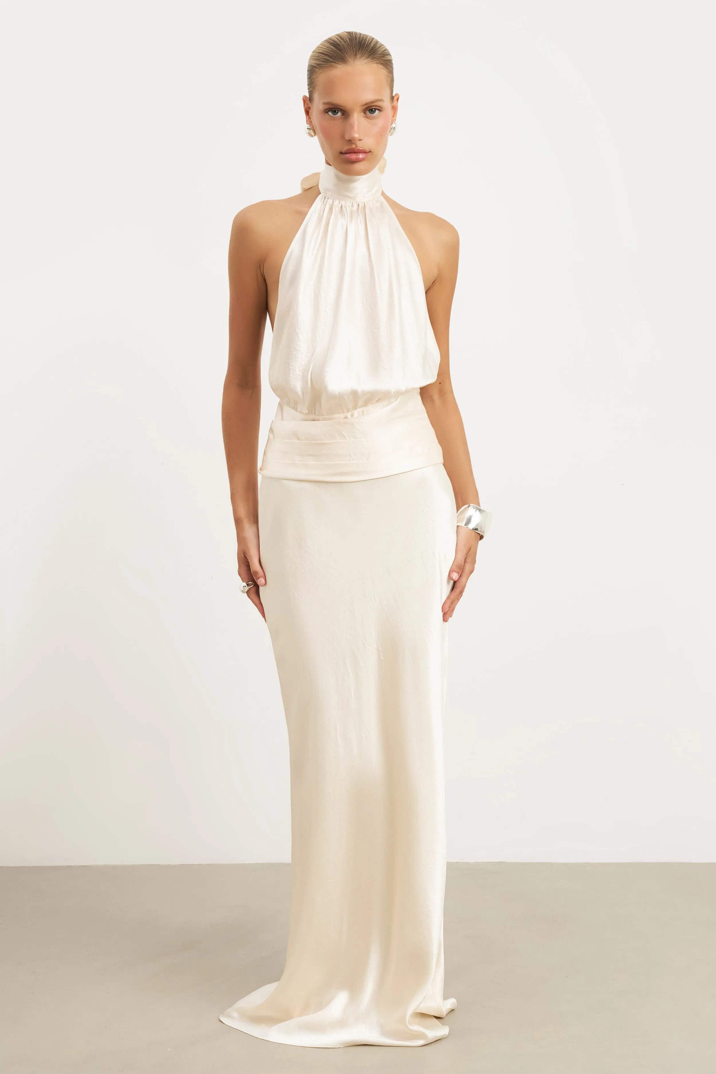 Crushed Satin Backless Halterneck Top - Champagne NonIrritatingStitching Two Tone Texture Effect
