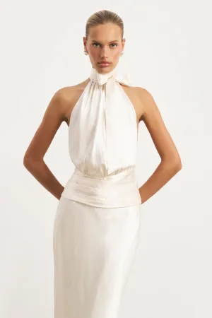 Crushed Satin Backless Halterneck Top - Champagne Scoop Neck Shape Curved Hem Design