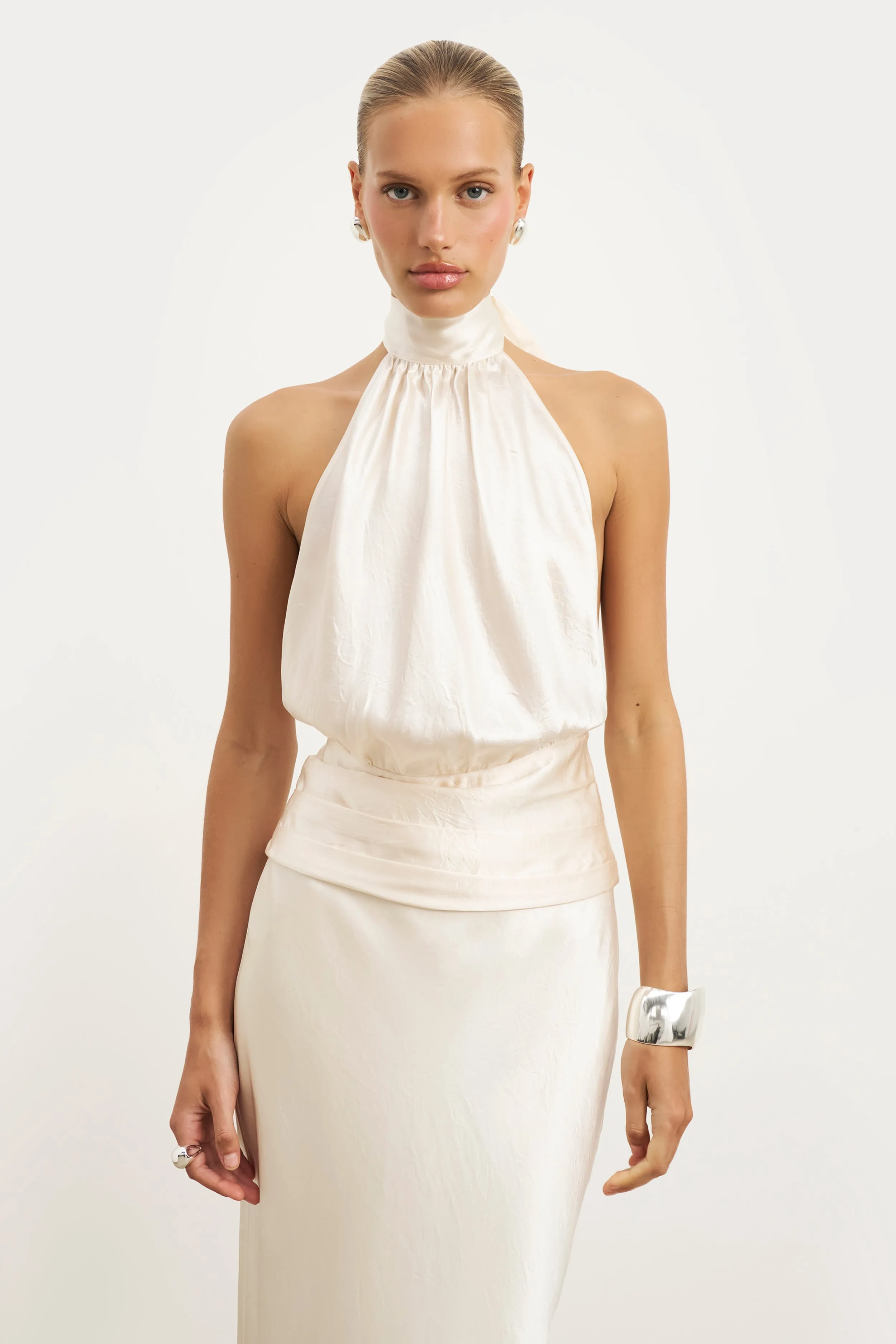 Athletic Look Crushed Satin Backless Halterneck Top - Champagne