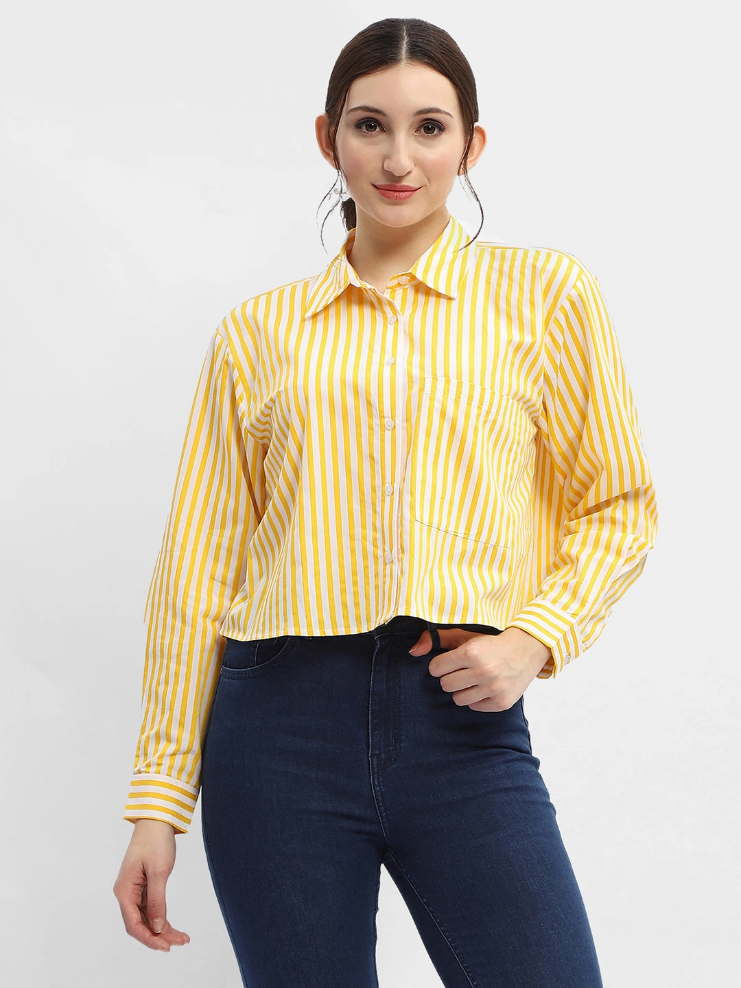 Madame Striped Yellow Regular Shirt Subtle Details Asymmetrical Cut