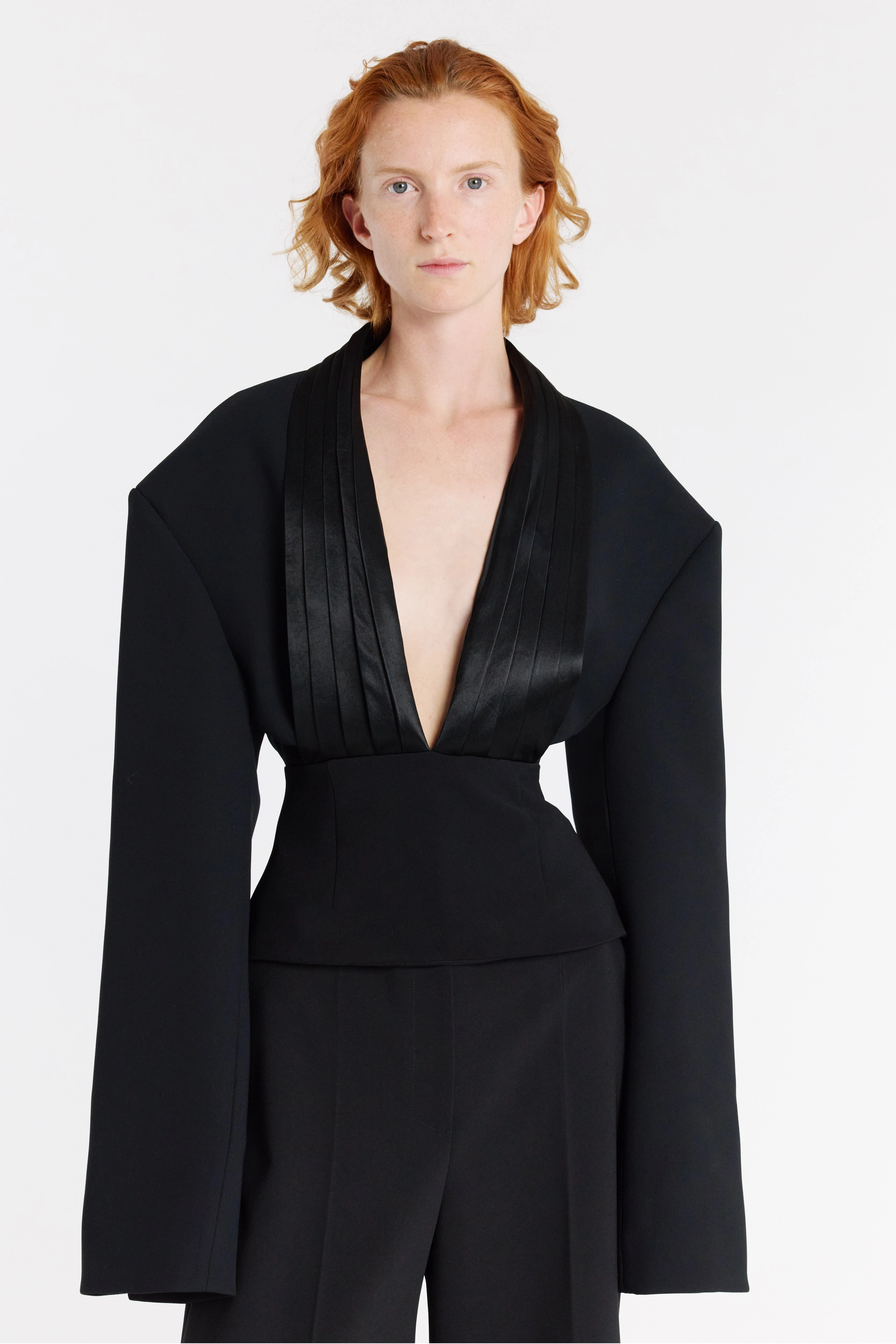 Tapered Side Panels Cummerbund Collar Tuxedo Top Black