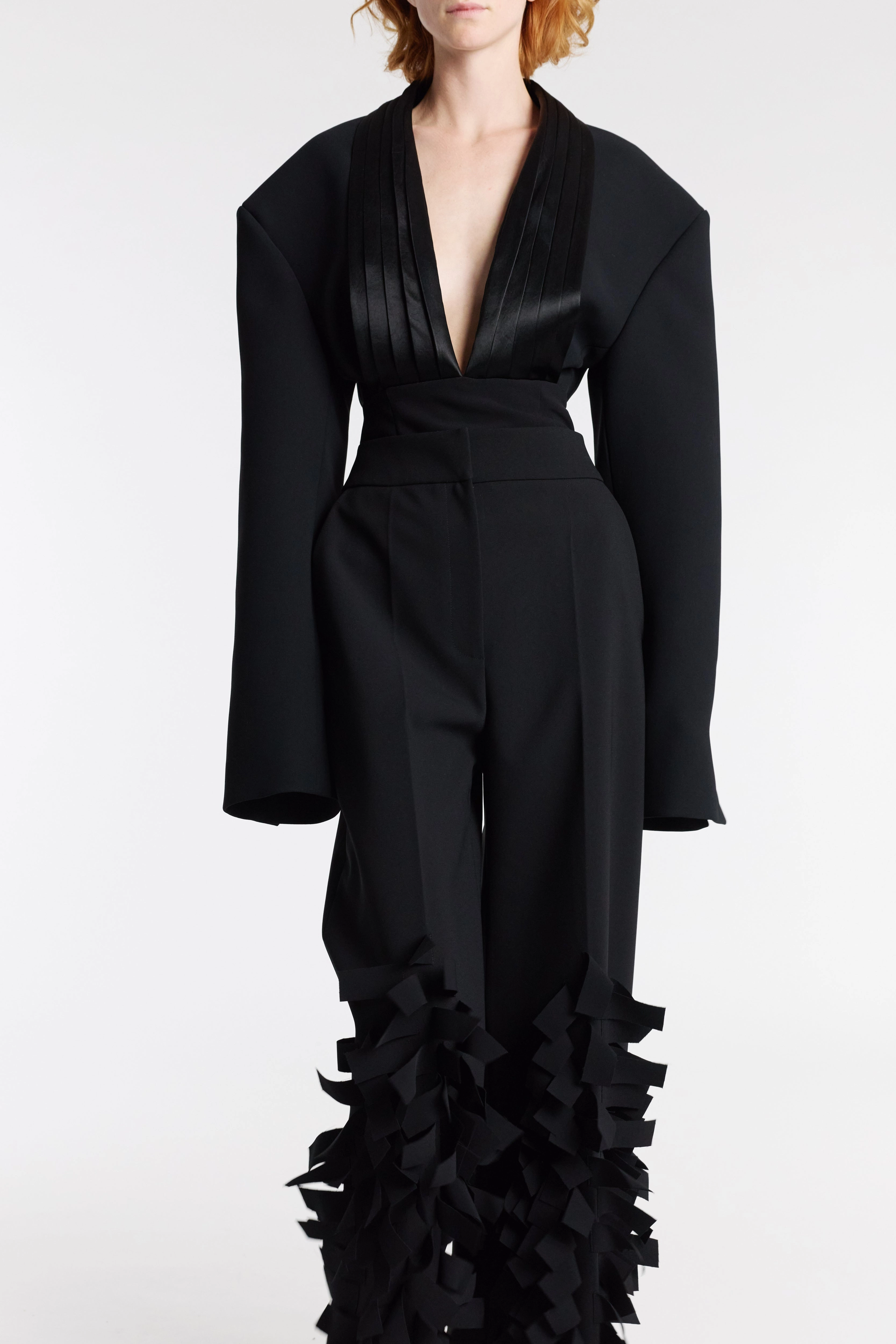 Cummerbund Collar Tuxedo Top Black High Stretch Fabric