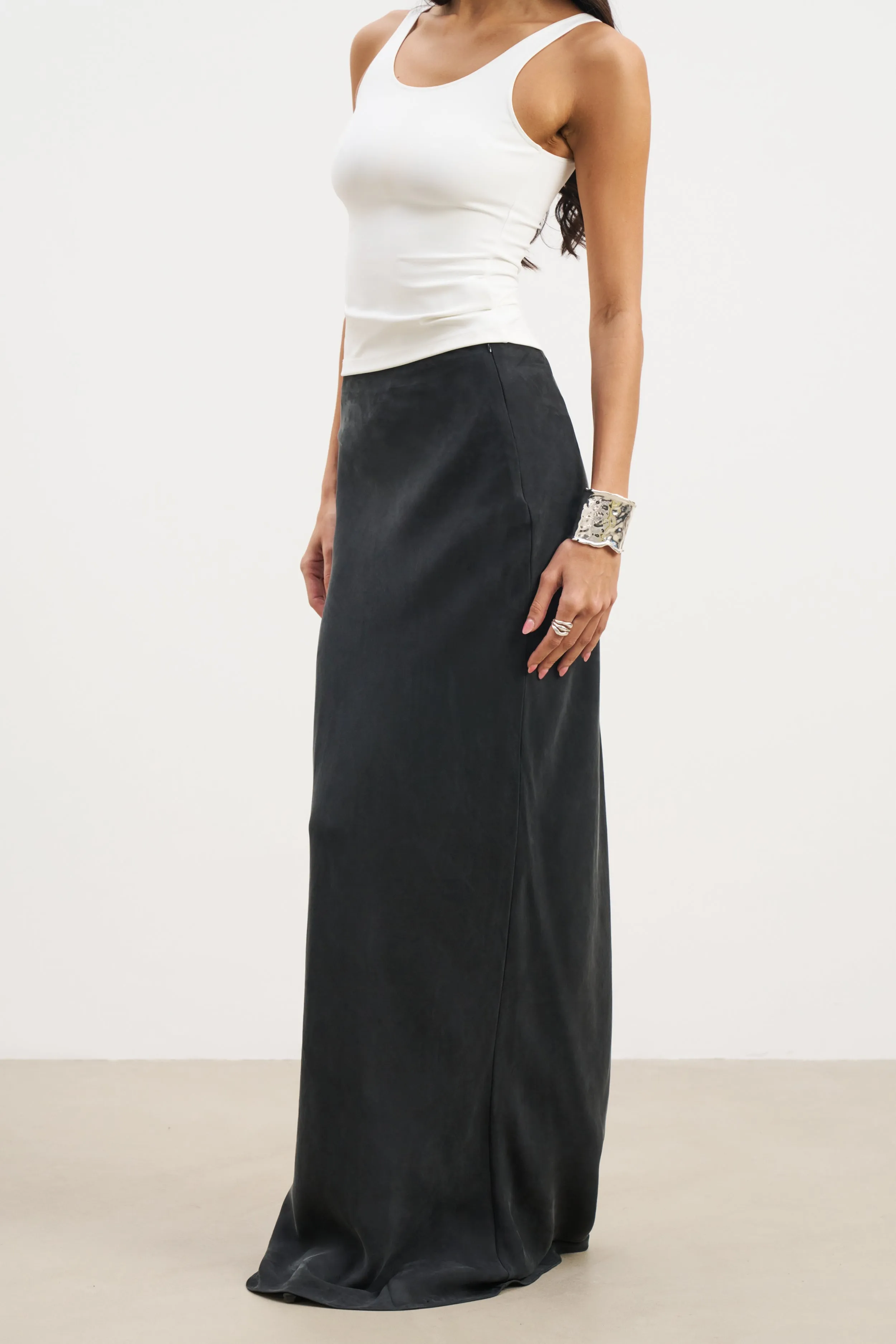 Cupro Bias-Cut Maxi Skirt - Black Floor Length