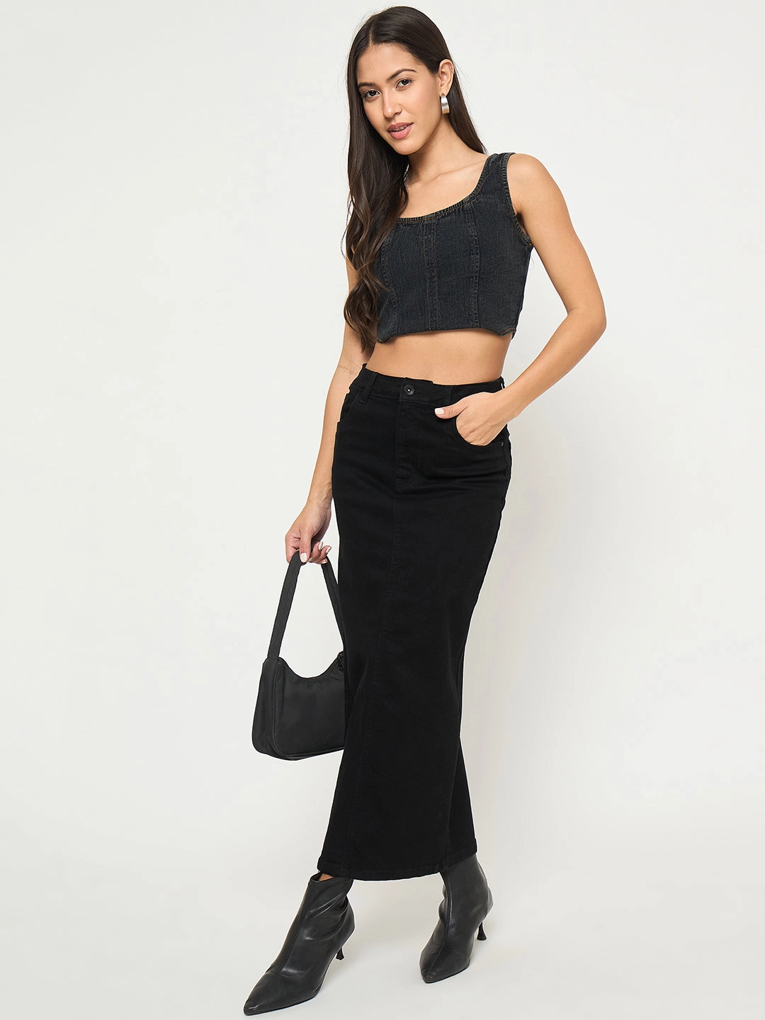 Madame Solid Jet Black Cotton Blend Maxi Denim Skirt Relaxed Motion Natural Mood