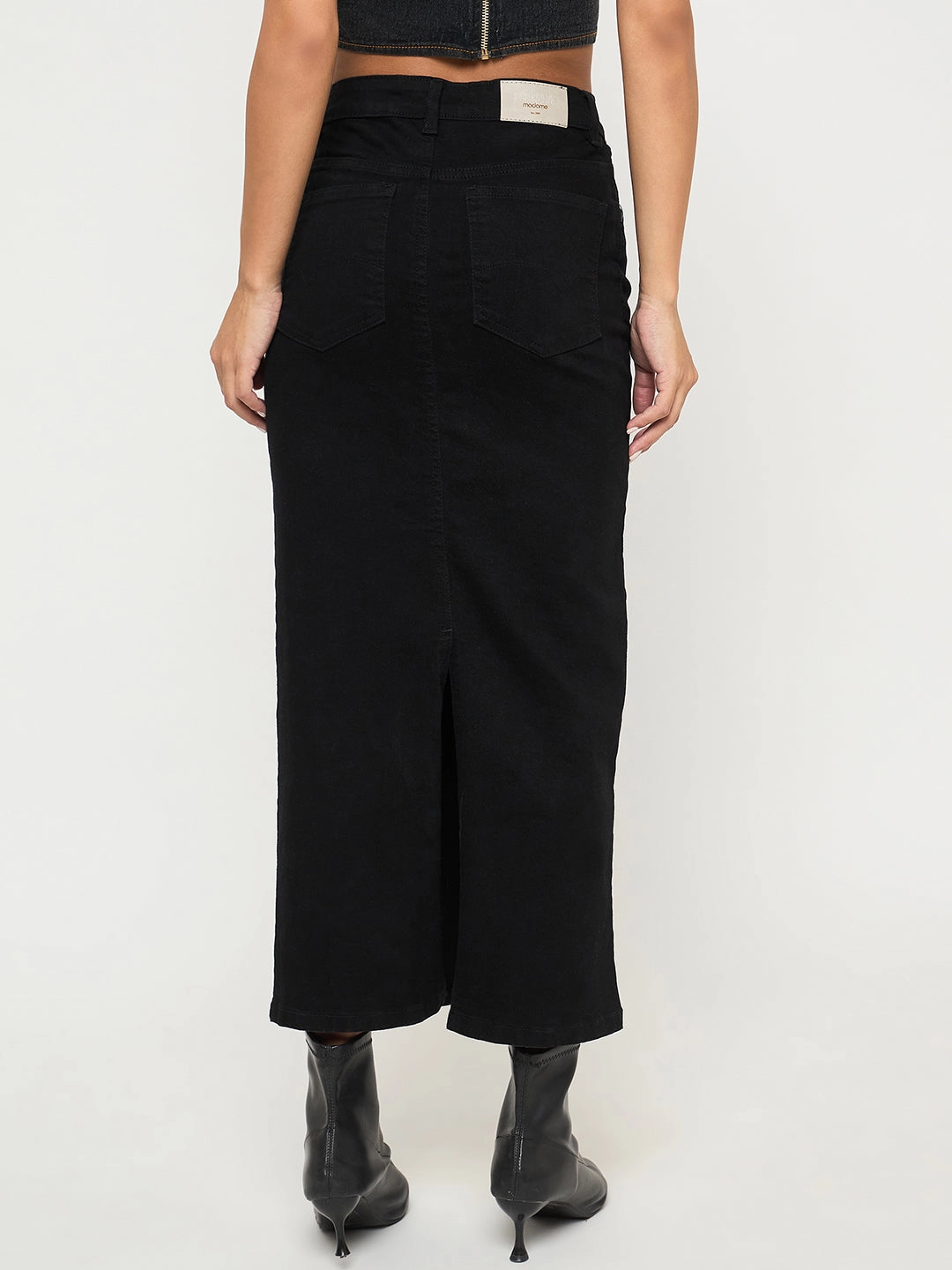 Ruching Details Teen Fashion Madame Solid Jet Black Cotton Blend Maxi Denim Skirt