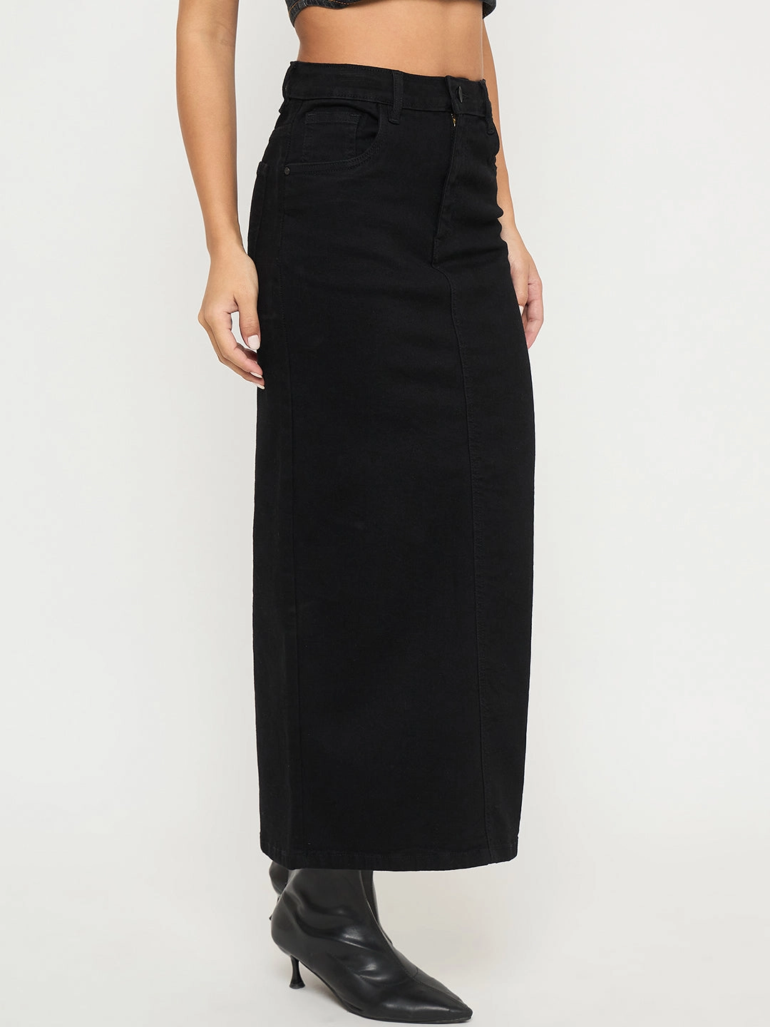 Madame Solid Jet Black Cotton Blend Maxi Denim Skirt Comfort Innovation Fresh Texture
