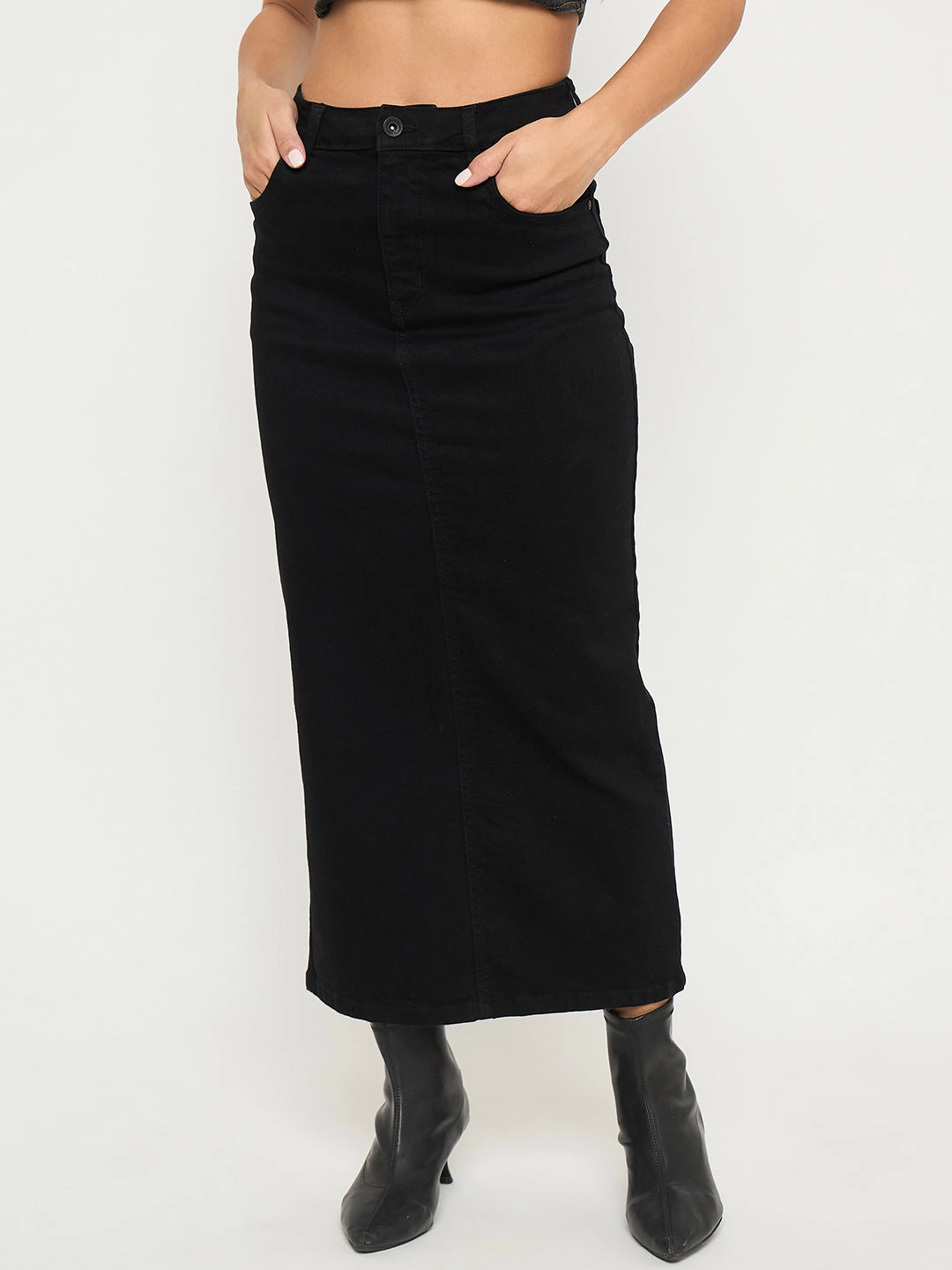 Madame Solid Jet Black Cotton Blend Maxi Denim Skirt Wedding guest