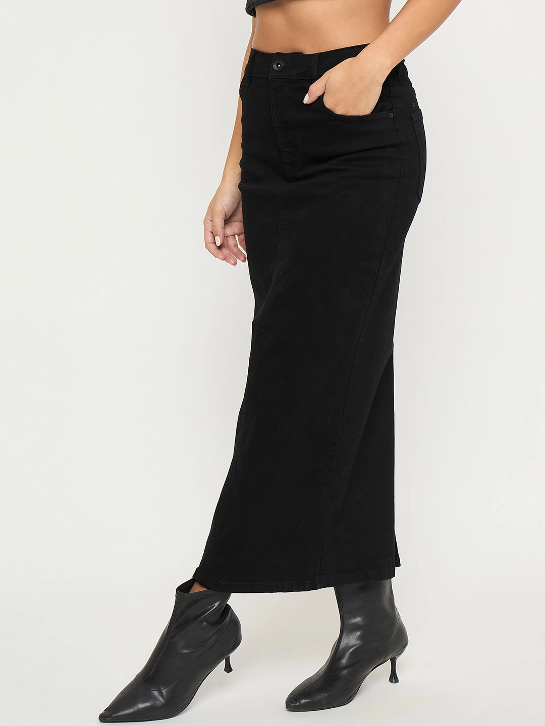 Madame Solid Jet Black Cotton Blend Maxi Denim Skirt Fashion Detail Unisex style