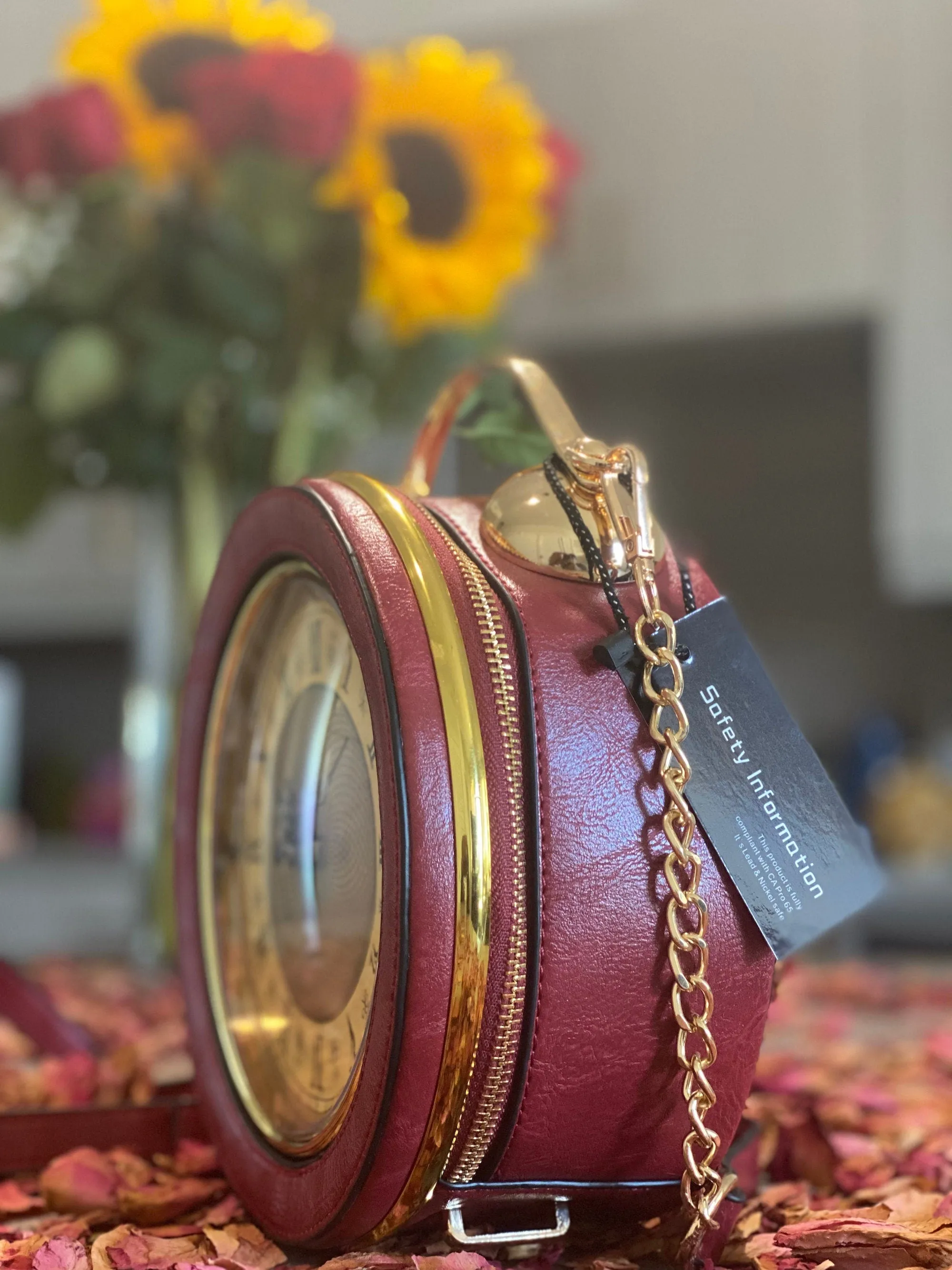 Custom Vegan Leather Handbags | Red Gold Vintage Clock Clutch