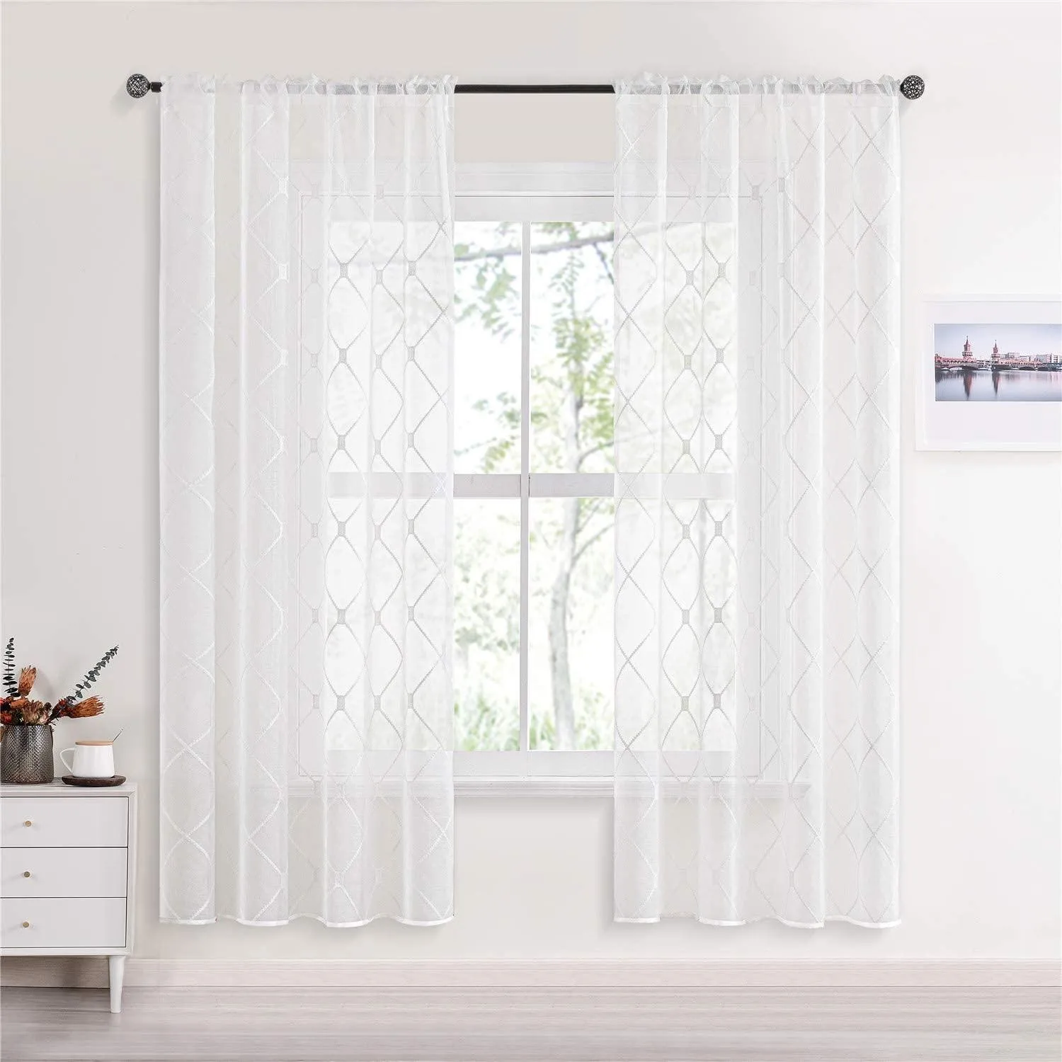 Custom Your Own Curtains - Embroidered White Sheer Curtain Panels,Geometric Diamond Curtains Recommendation For Nursery,Kitchen,1 Panel