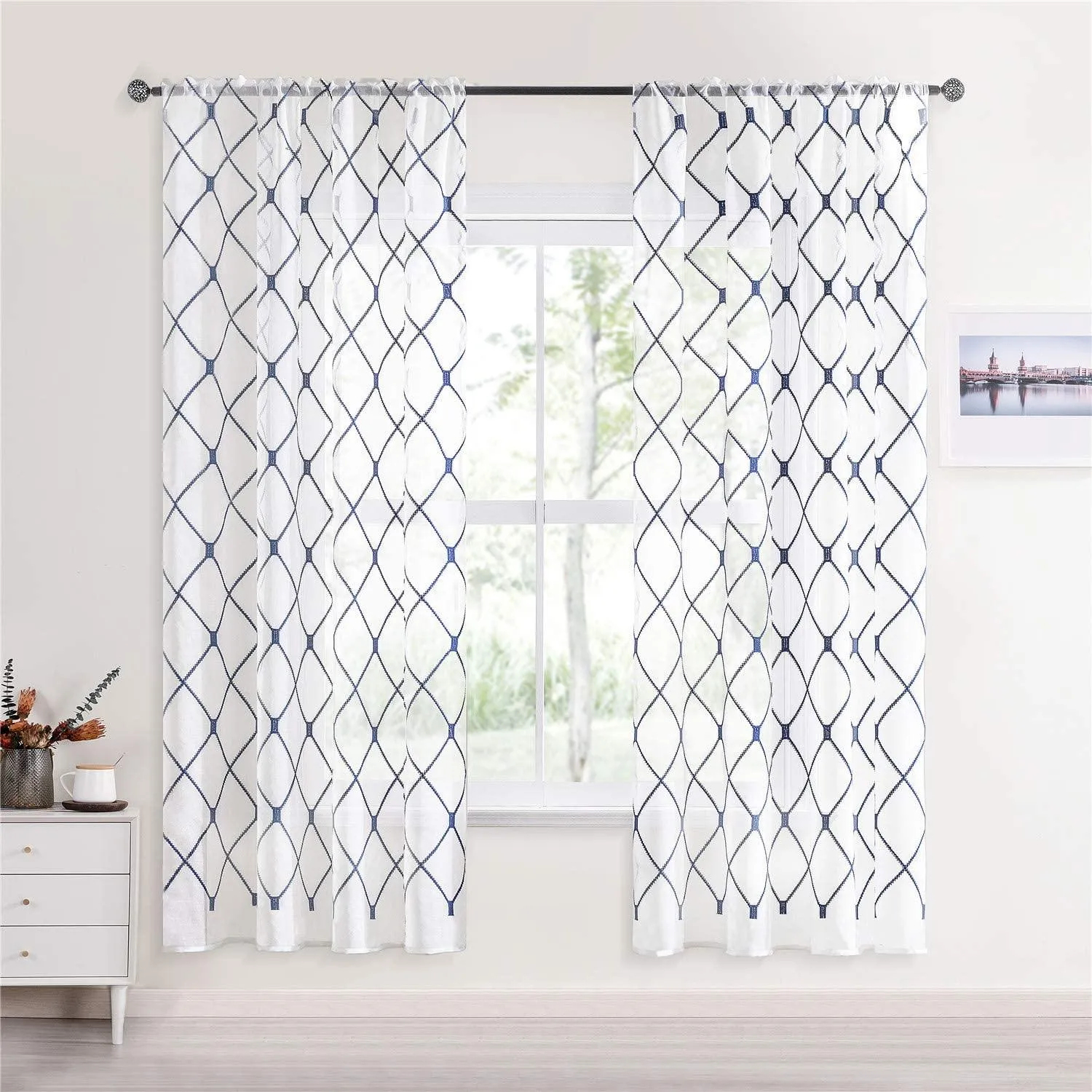 Custom Your Own Curtains - Embroidered White Sheer Curtain Panels,Geometric Diamond Curtains Recommendation For Nursery,Kitchen,1 Panel