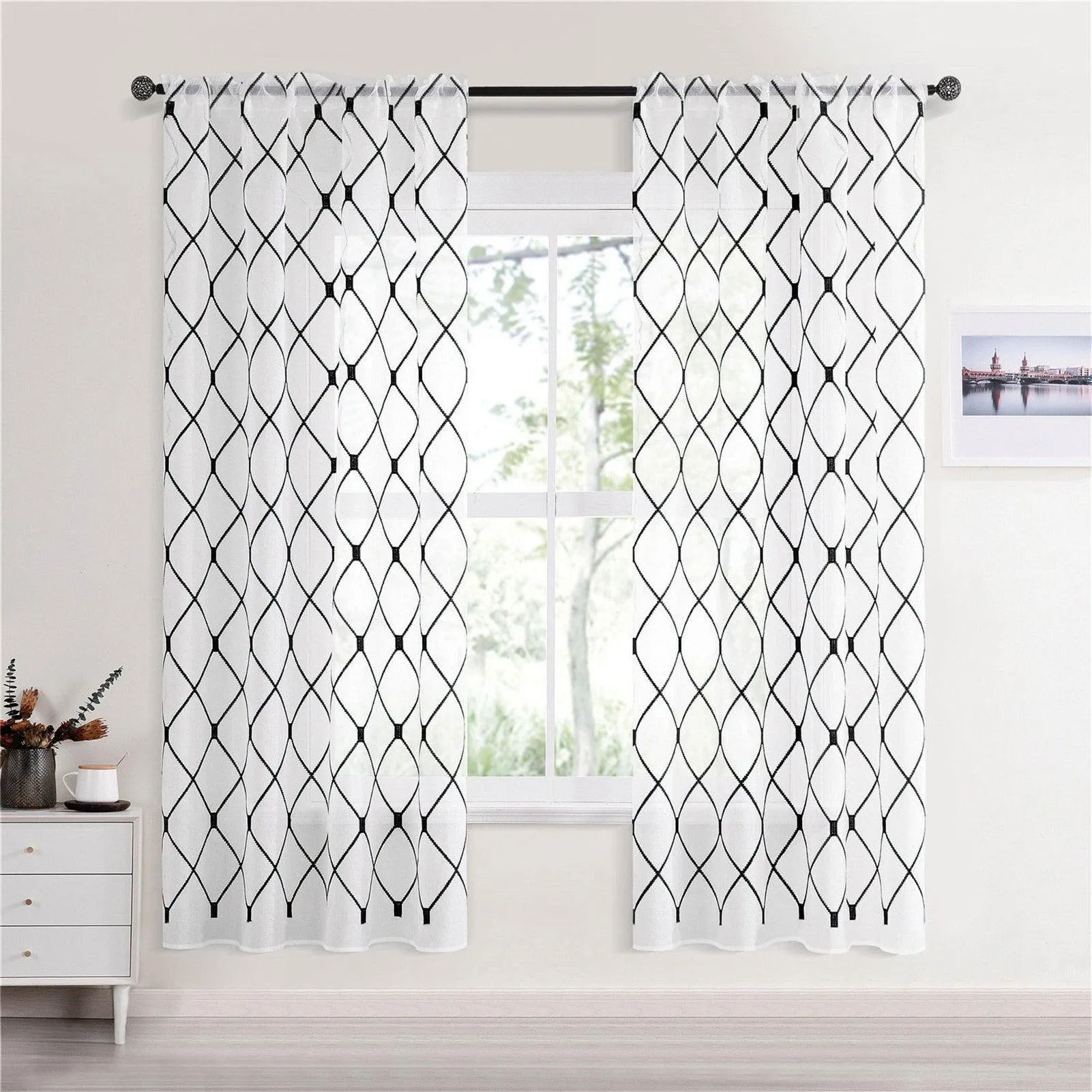 Custom Your Own Curtains - Embroidered White Sheer Curtain Panels,Geometric Diamond Curtains Recommendation For Nursery,Kitchen,1 Panel