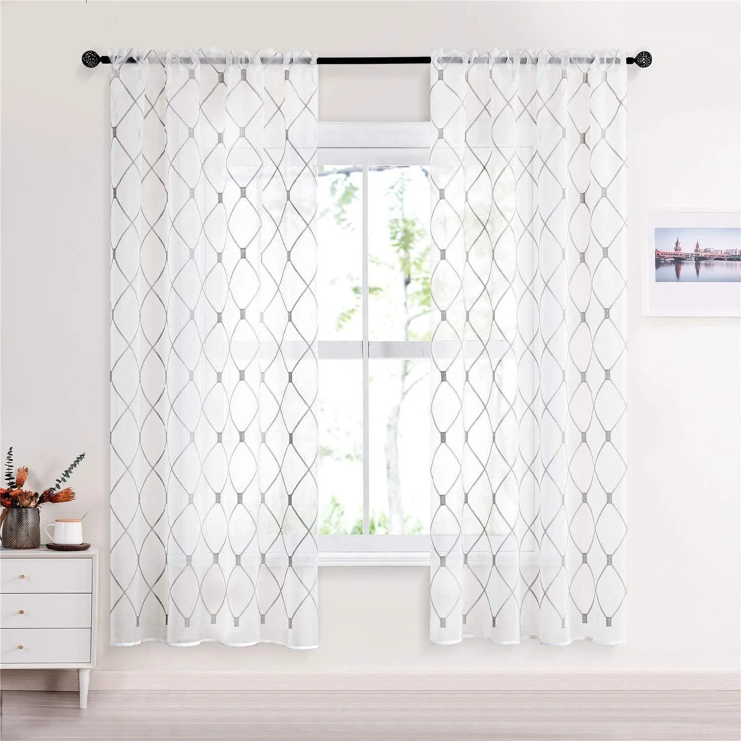 Custom Your Own Curtains - Embroidered White Sheer Curtain Panels,Geometric Diamond Curtains Recommendation For Nursery,Kitchen,1 Panel