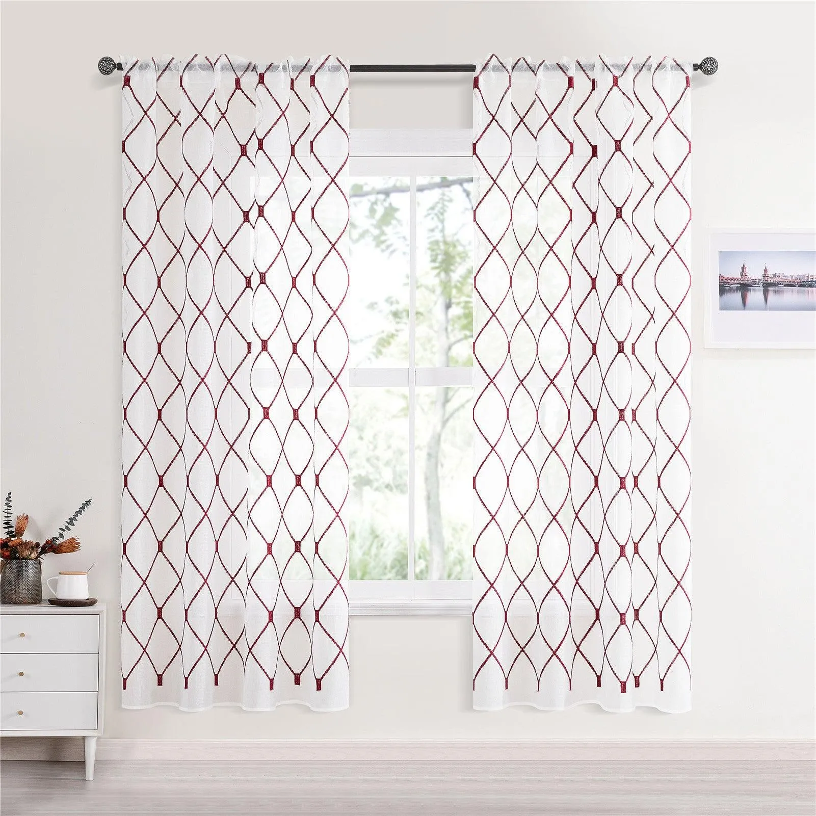 Custom Your Own Curtains - Embroidered White Sheer Curtain Panels,Geometric Diamond Curtains Recommendation For Nursery,Kitchen,1 Panel