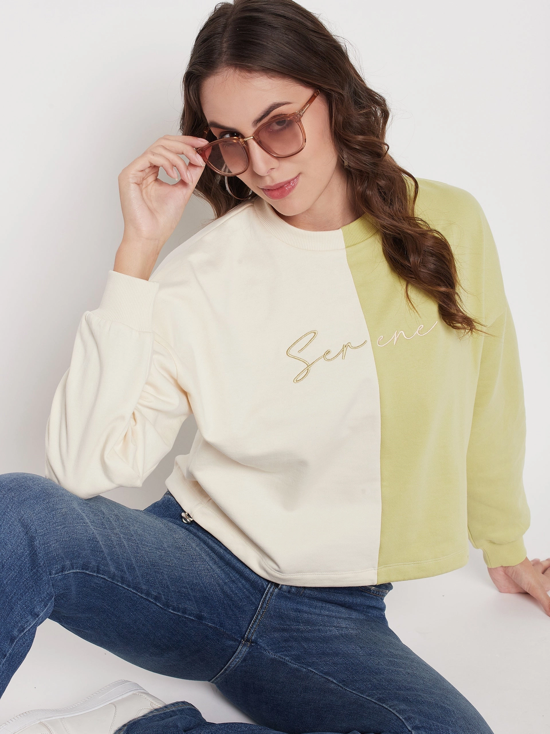 product jewelry adornment Stylish Comfort Madame Lime Green Color Block Sweatshirt
