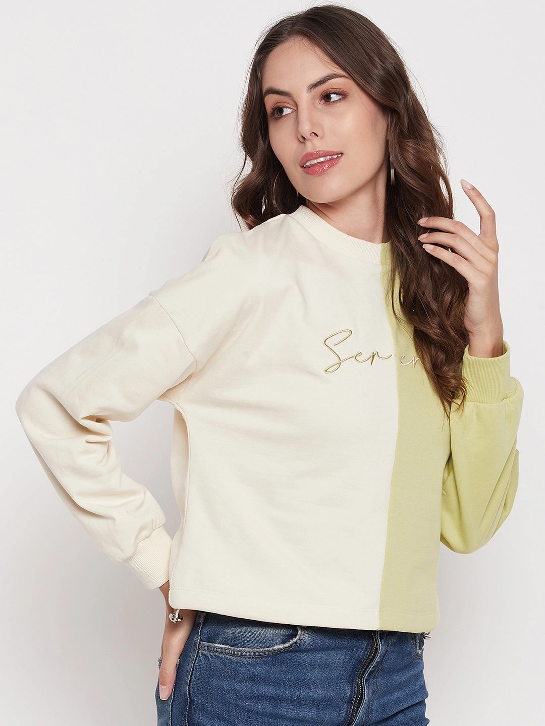 product geometric precision Comfort Layer Madame Lime Green Color Block Sweatshirt