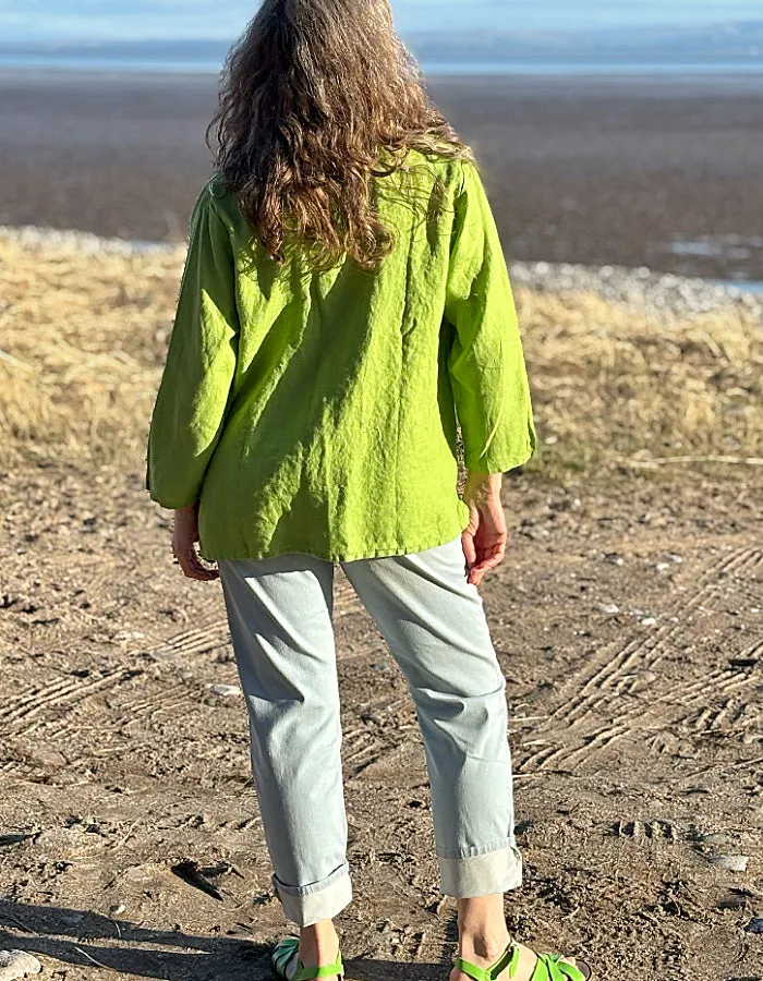 Cut Loose High Low Linen Shirt in Verde