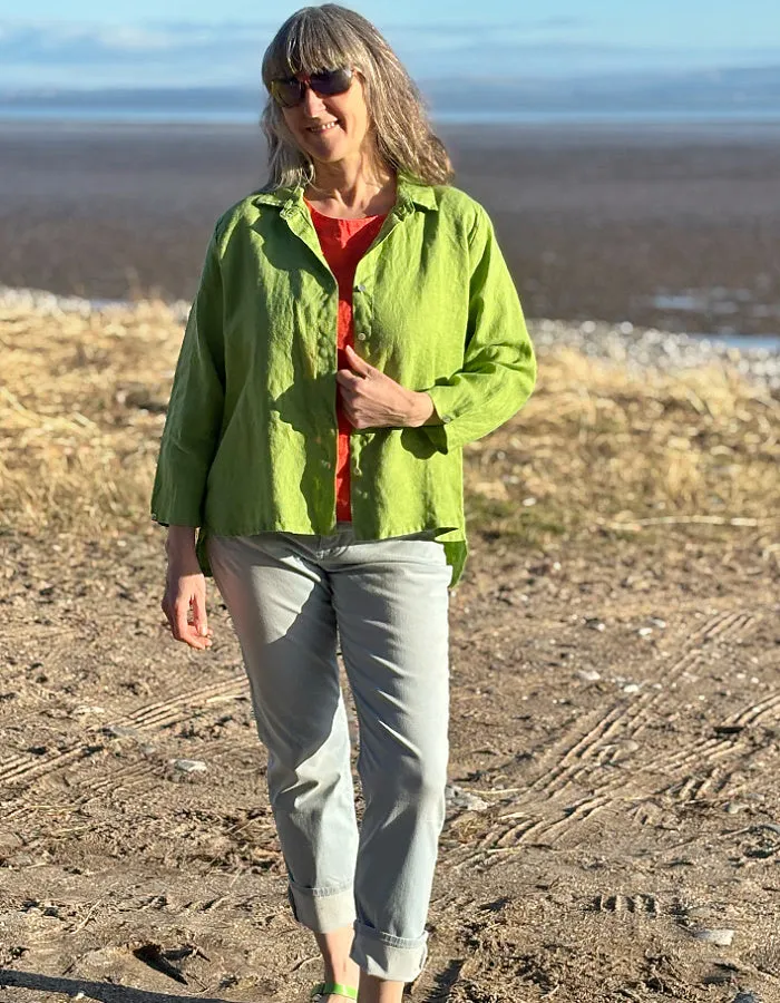 Cut Loose High Low Linen Shirt in Verde