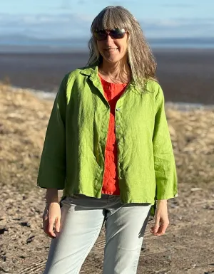 Cut Loose High Low Linen Shirt in Verde