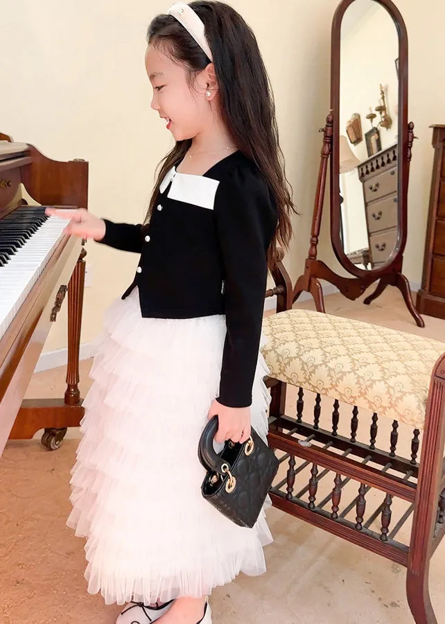 Cute Black Cotton Tops And Tulle Skirts Baby Girls Two Pieces Set Fall LY9999